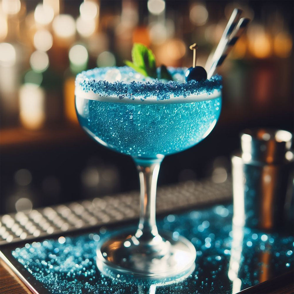 blue margarita cocktail with glitter rimming sugar and mint garnish