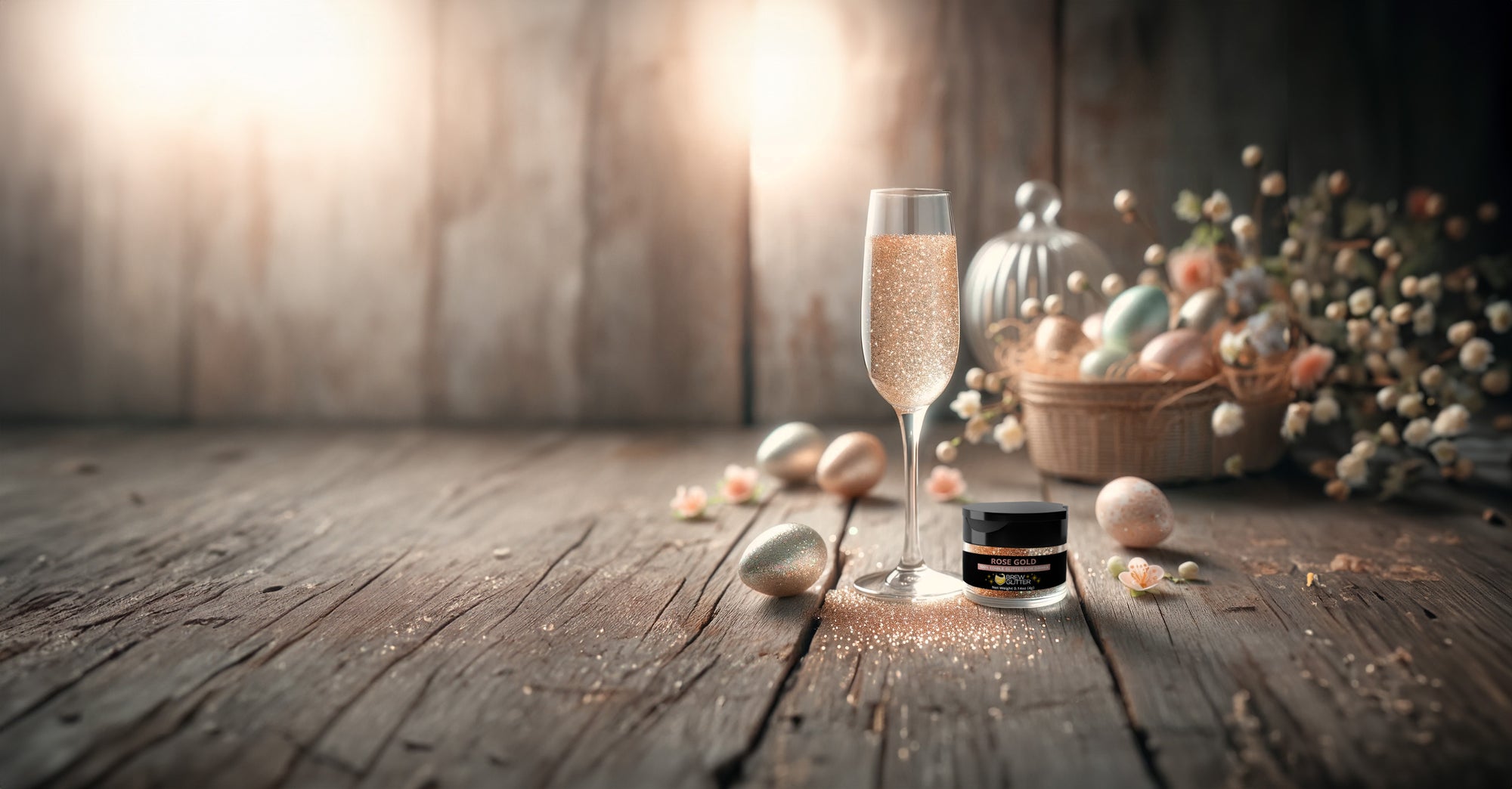 pink glitter drink promo shot with easter egg basket in the background