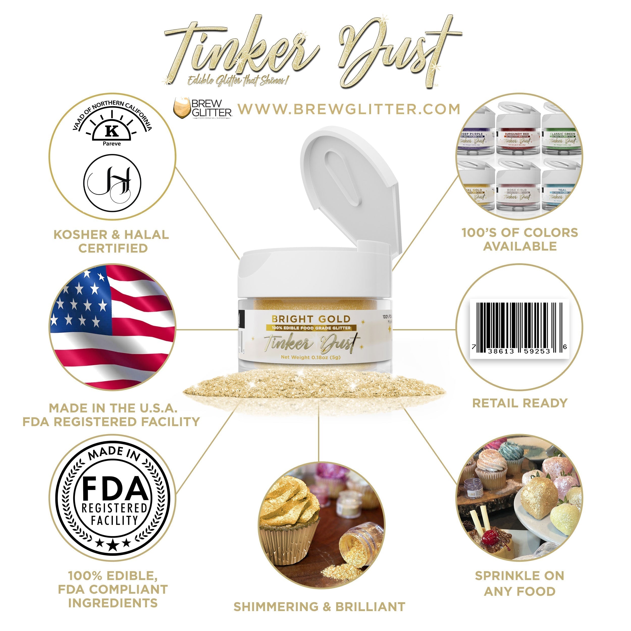 Bright Gold Edible Glitter Tinker Dust | 5 Gram Jar-Brew Glitter®