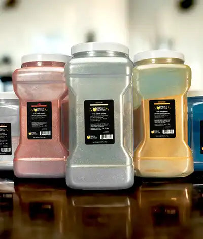 bulk drink glitter lined up on counter