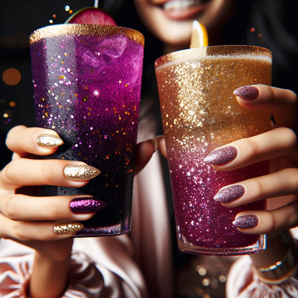 girl holding purple and gold glitter drinks