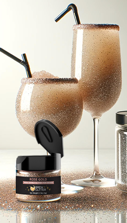 promo shot of peach-colored edible drink glitter next to wine glasses