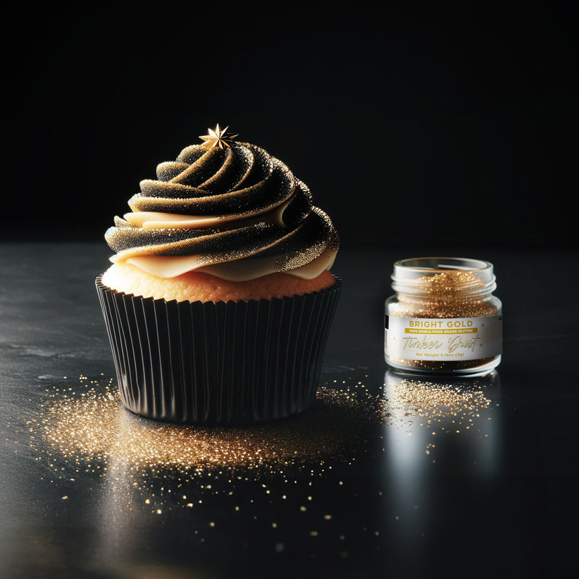 gold glitter frosting on a cupcake next to a jar