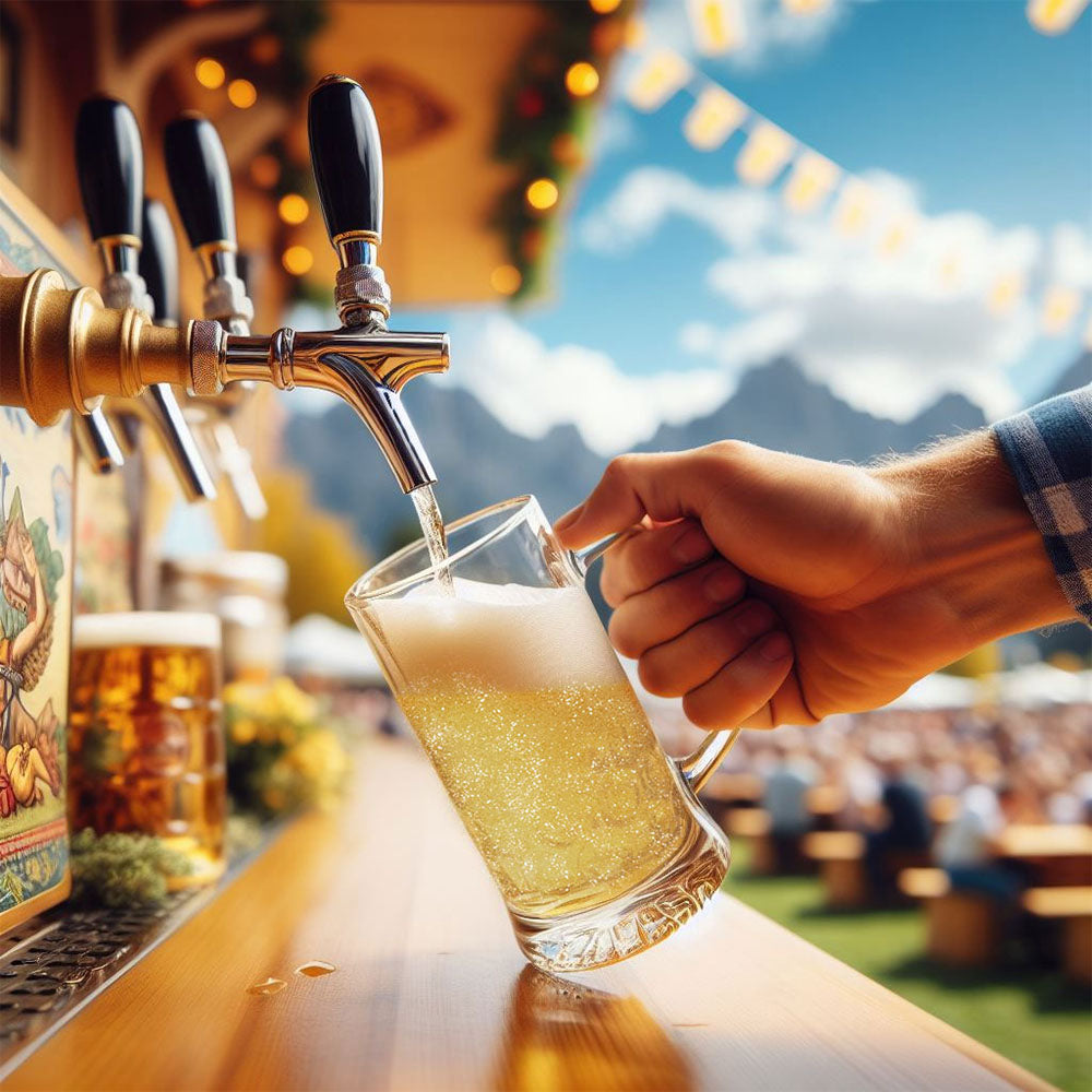 pouring beer from a tap into a glass stein filled with glitter