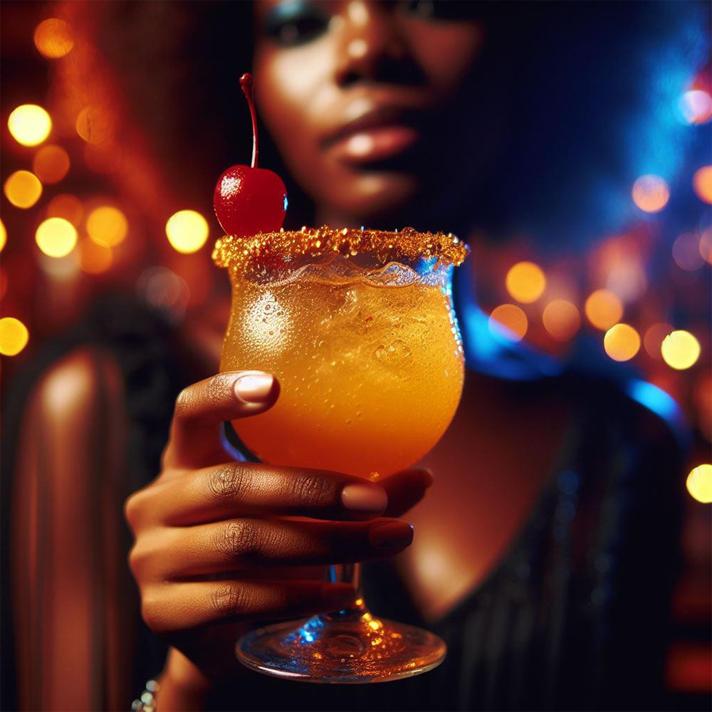 person holding a glitter mai tai cocktail with gold rimming sugar glass and a cherry on top