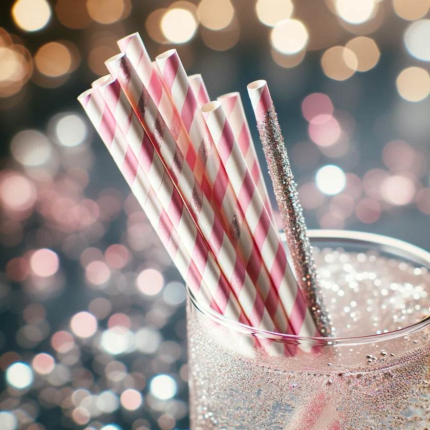 pink and white striped straws product shot in a glitter drink