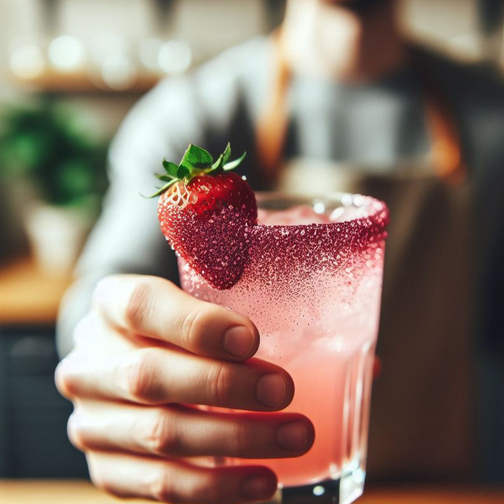 strawberry daquiri in a glass rocks with a rim sugar