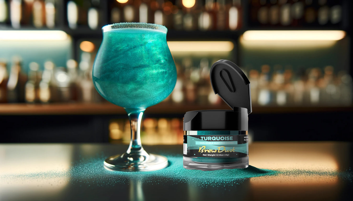 product shot of green-blue brew dust next to a drink glitter glass