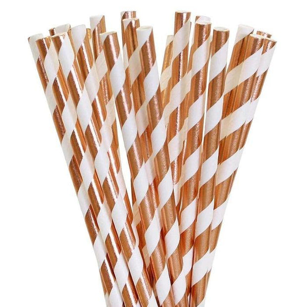 Metallic Rose Gold & White Striped Stirring Straws | Bulk Sizes-Brew Glitter®
