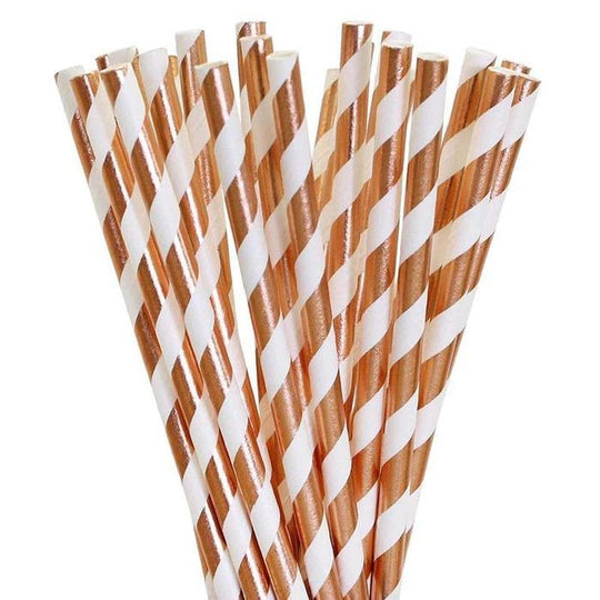 Metallic Rose Gold & White Striped Stirring Straws-Brew Glitter®
